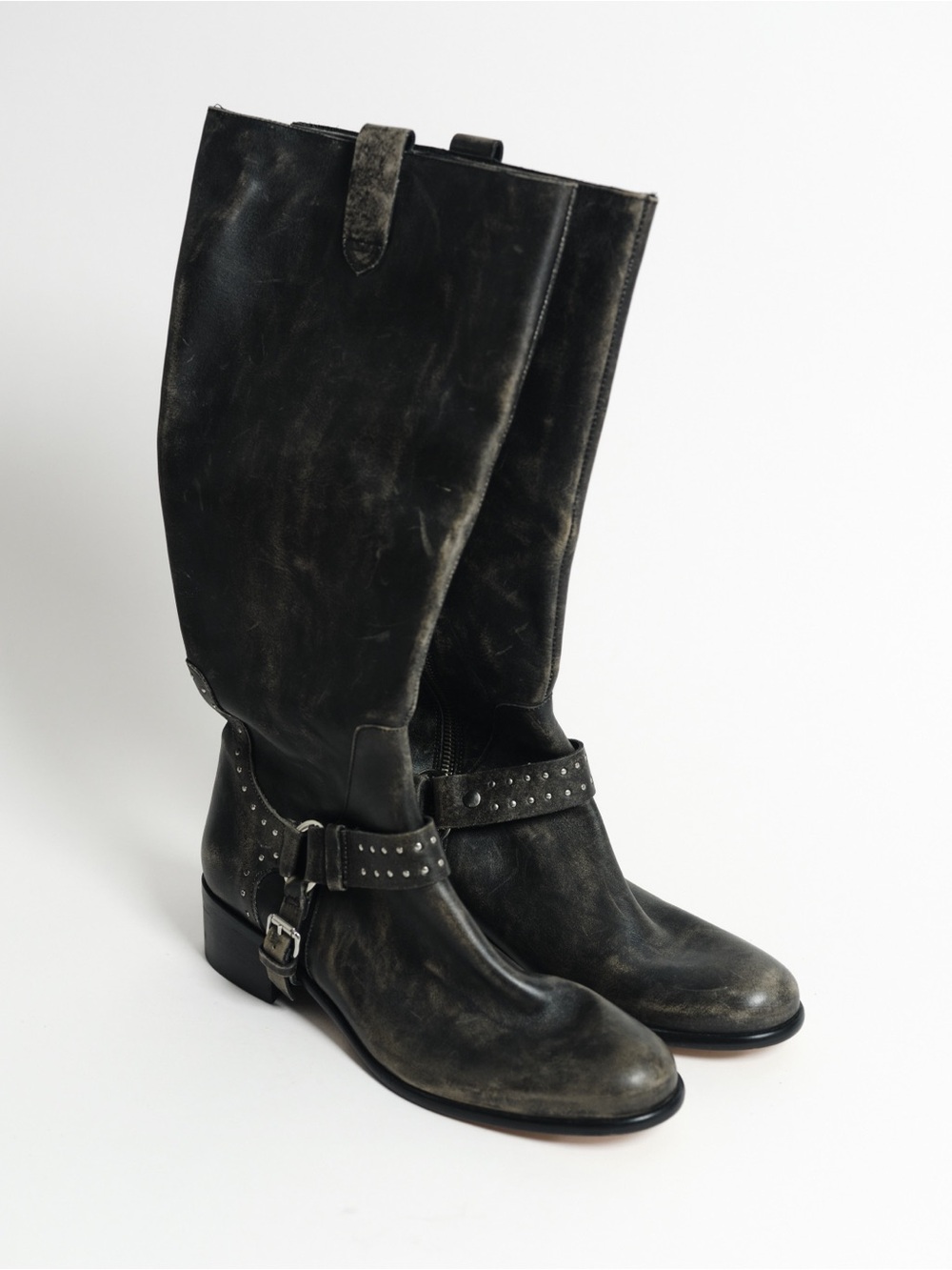 Zara Black Distressed Faux Leather Studded Mid-Calf Boots